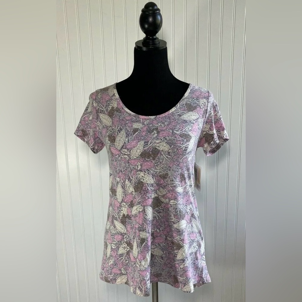 LuLaRoe Classic Tee Shirt Size XXS Pink Cream Brown Floral Leaves Cottagecore